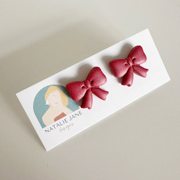 Shimmery Burgundy Bow Stud