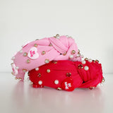Conversation Hearts, Rhinestones & Pearls Knot Headband - Pink