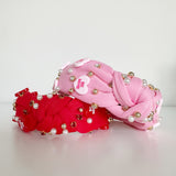 Conversation Hearts, Rhinestones & Pearls Knot Headband - Pink