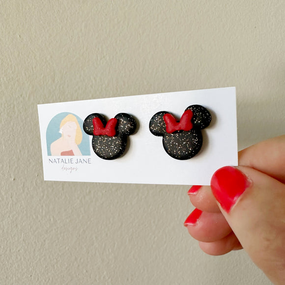 Mouse Ears with Red Bow Stud